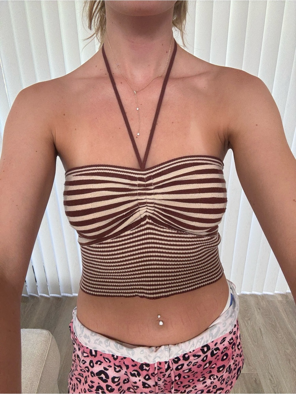 Full Tilt Brown and Cream Striped Halter Crop Top